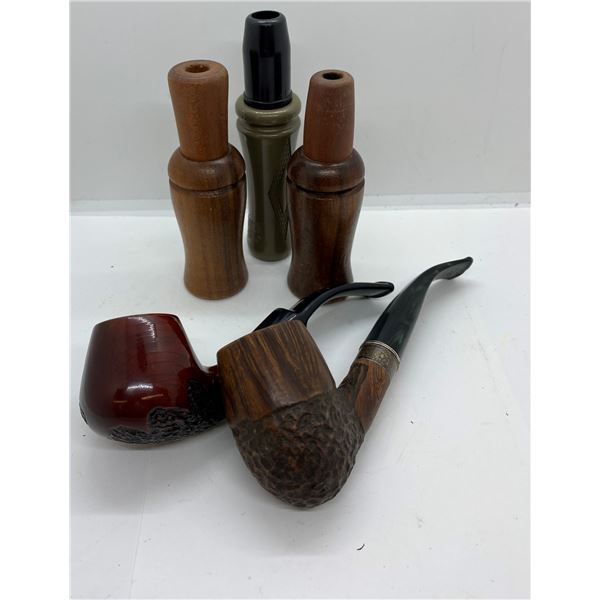 2 Vintage tobacco pipes & 3 ducks calls
