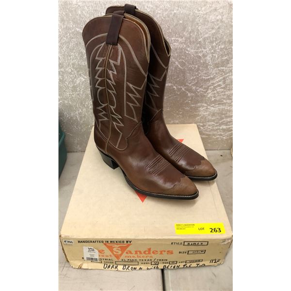 Pair sanders dark brown w/ beige toe tip coco cowboy boots size 11 1/2 (NOS)