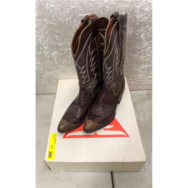 Pair of Sanders dark brown w/ beige toe tips coco cowboy boots size 8 (NOS)