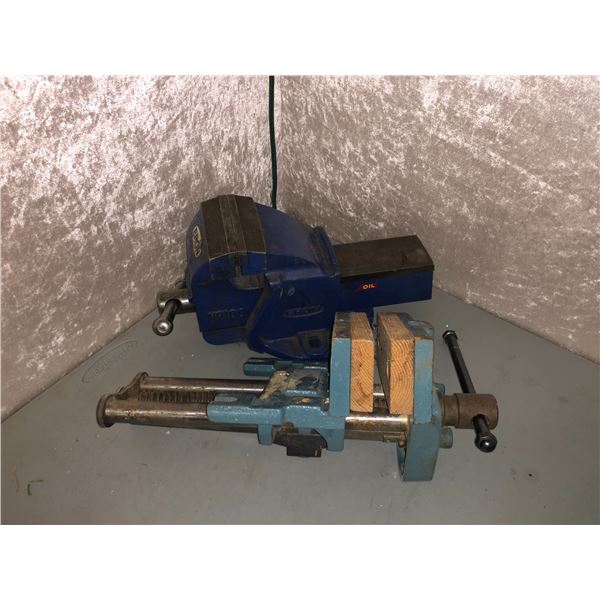 Two large bench vises - ERON no.100 mechanics vise & wood workers vise