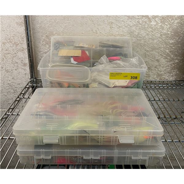 Four boxes of salmon ocean fishing gear - hoochies/ jigs/ spoons/ flashers/ buzzbombs etc.