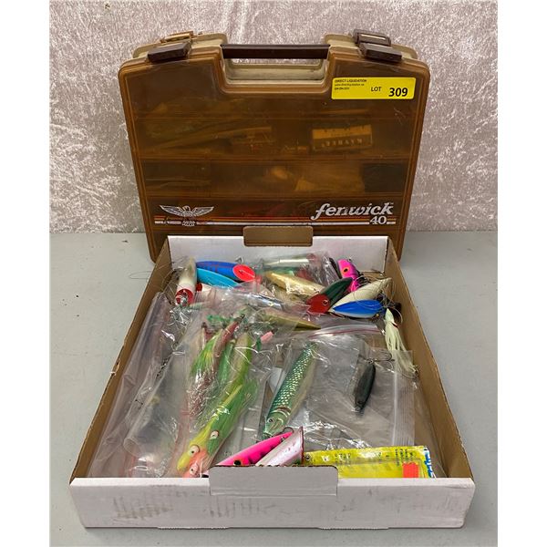 Two boxes of assorted salmon ocean fishing gear - salmon plugs/ jigs/ hoochies/ flashers etc.