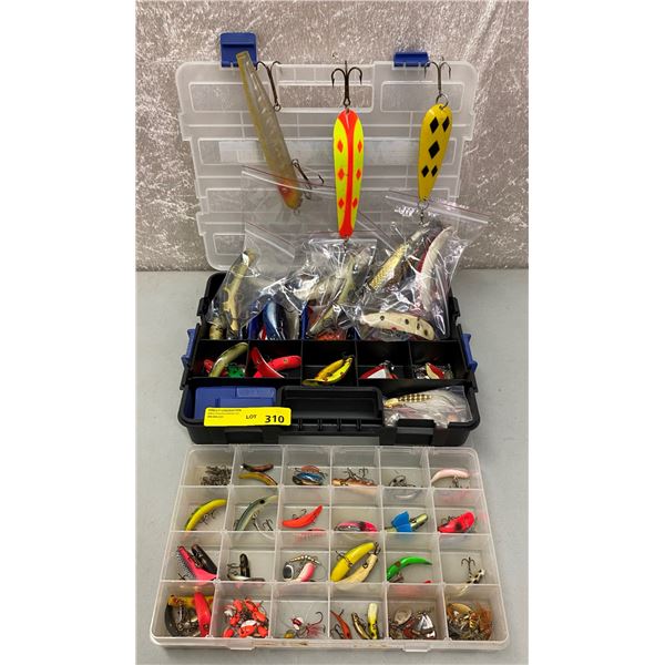 Two boxes filled with assorted vintage flat fish lures & spoons