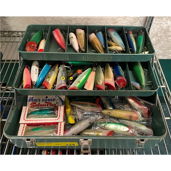 Vintage metal green tackle box filled w/ assorted salmon plugs