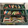 Image 1 : Vintage metal green tackle box filled w/ assorted salmon plugs
