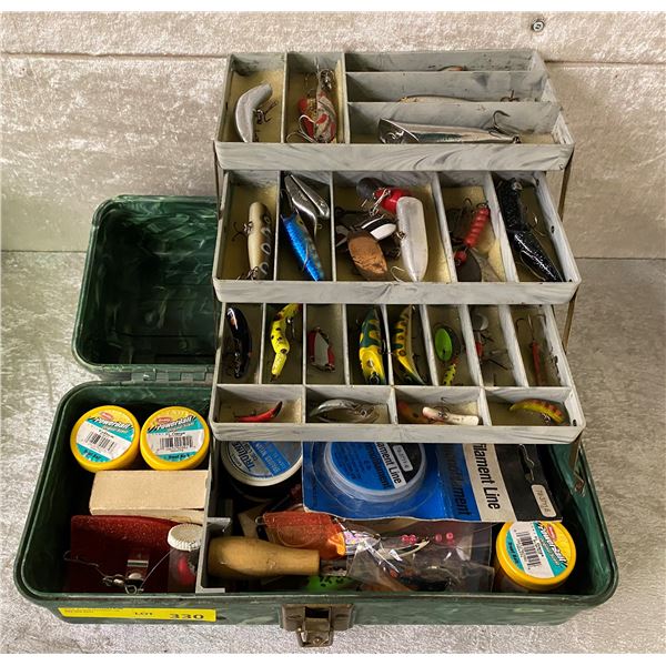 Vintage 1950s/1960s green tackle box & contents (mostly fresh water tackle)