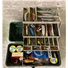 Image 2 : Vintage 1950s/1960s green tackle box & contents (mostly fresh water tackle)