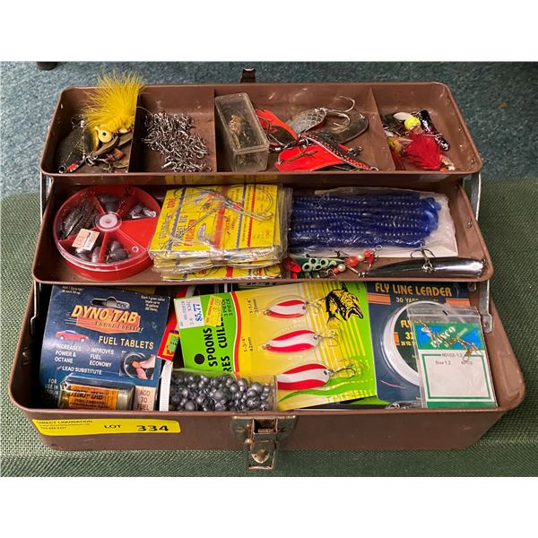 Vintage brown metal tackle box & contents (mostly fresh water tackle)