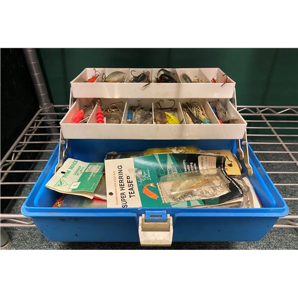 Blue tackle box & contents (mix of fresh water & ocean tackle)