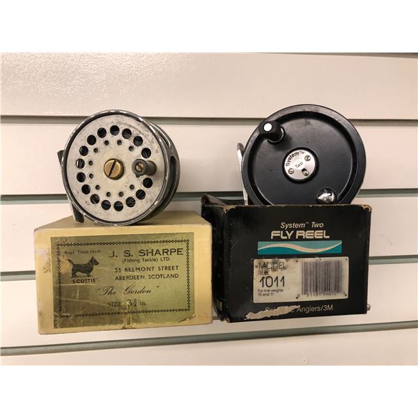 Two vintage fly reels - J.S.Sharp "The Golden" size 3 3/4" & system 2 model 1011 w/ boxes