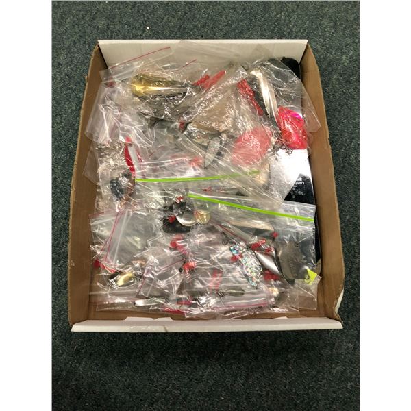 One box of assorted freshwater fishing tackle - gangtrolls, spoons, willow leaves etc.