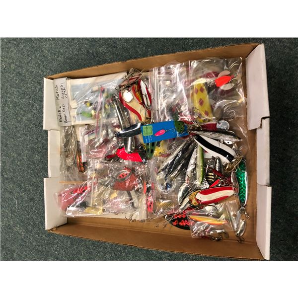 One box full of fresh water fishing tackle - spoons, gangtrolls etc.