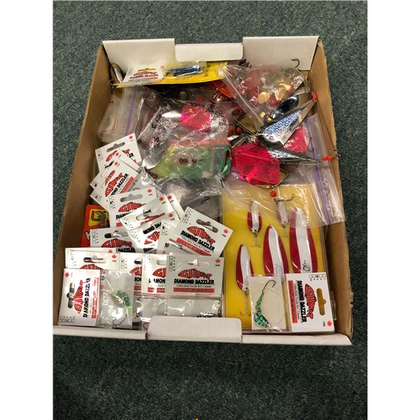 One box full of fresh water fishing tackle - spoons, gangtrolls etc.