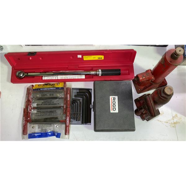 Group of assorted tools - Armstrong torque wrench/ ridged flaring tool/ two hydraulic bottle jacks/ 