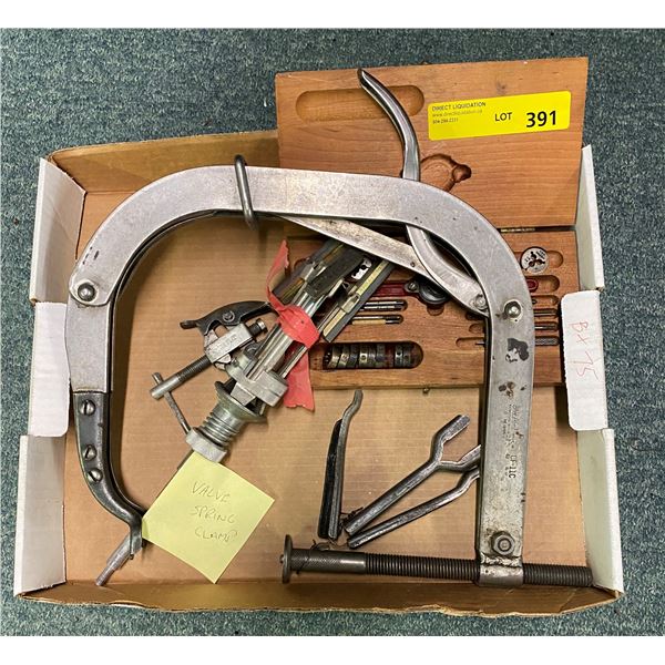 Box of assorted mechanics tools - valve spring clamp etc.