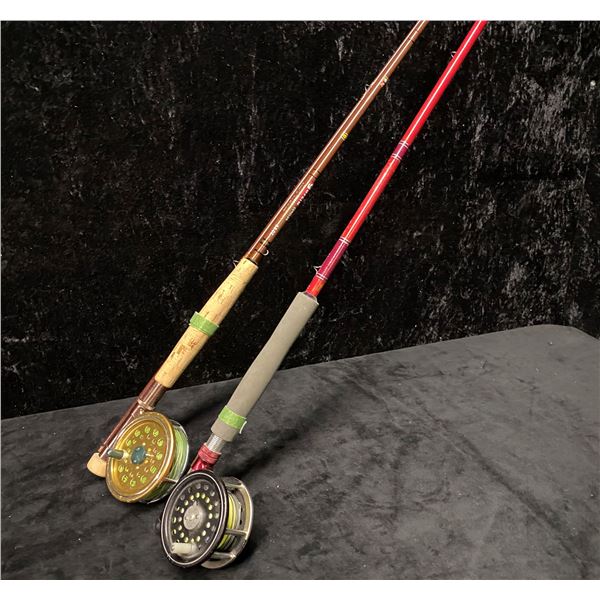 Two fly rods - Garcia w/ Shakespeare 2532 reel & Red rod w/ Martin reel