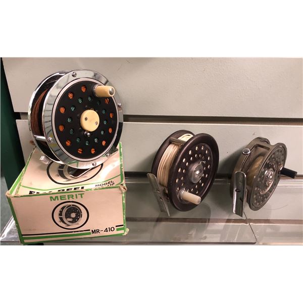 a group of 3 fly reels - Merit model mr410/Orvis 1915er & Heddon 310a