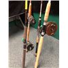Image 3 : Group of 4 assorted halibut/trolling rods w/ 3 level wind reels & 5in wooden peetz trolling reel