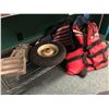 Image 1 : Group of 5 assorted marine items - kicker motor mount/ trailer tire/ lifejacket/ duffle bag/ small A