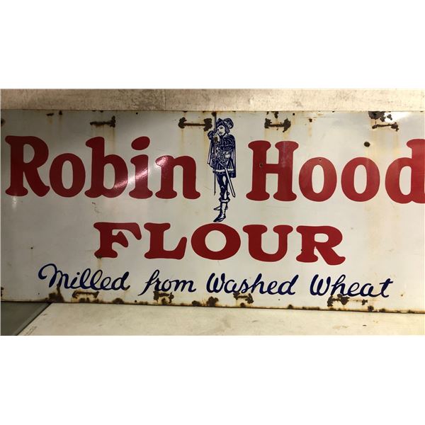 Antique porcelain over metal Robin Hood flour advertisement sign
