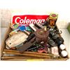 Image 1 : Box of assorted vintage collectible items - tiny fishing related advertisement tins/ Coleman plaque/