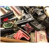 Image 2 : Box of assorted vintage collectible items - tiny fishing related advertisement tins/ Coleman plaque/