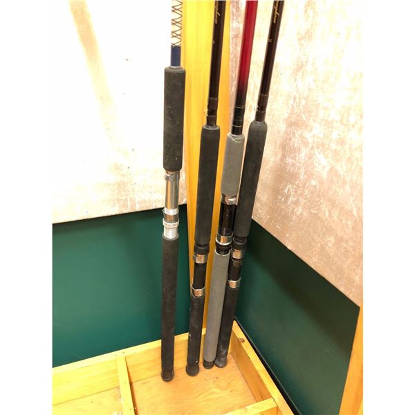 Group of four assorted halibut/trolling rods - Omni/Silstar/Shakespeare