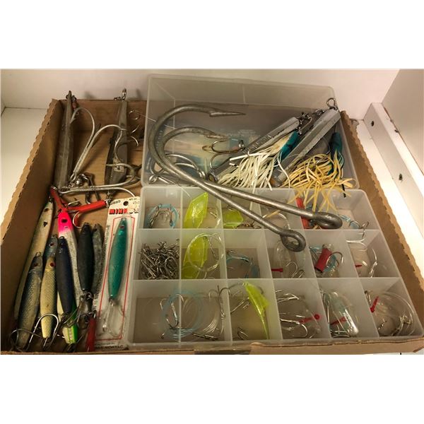 Box of assorted ocean fishing tackle - cod jigs/shark hooks/teasers etc.