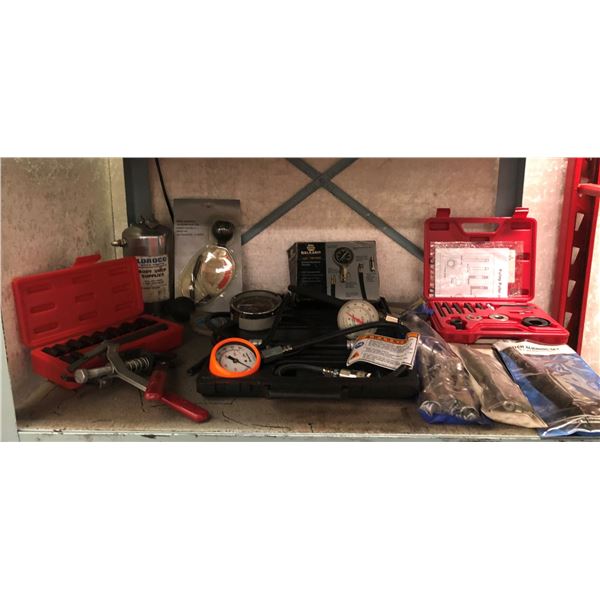 Shelf lot of assorted mechanics tools, gauges/ pulleys - Snap-on/ Son/ NAPA etc.