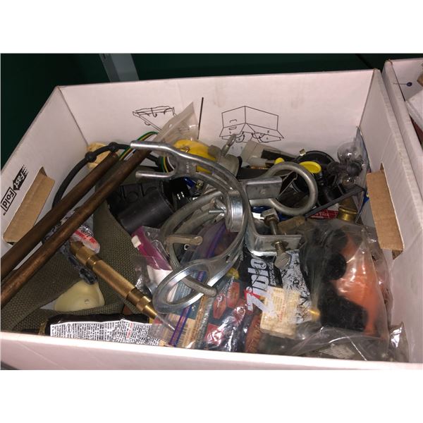 Two boxes of assorted hardware and mic. - nuts/ bolts/ screws/ raw brass material etc.