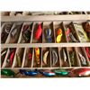Image 2 : Vintage Plano tackle box filled w/ assorted fishing lures - flat fish/ blue fox/ hot shots etc.