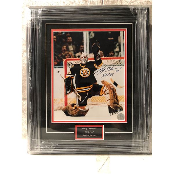 Framed Gerry Cheevers "H.O.F.er" Boston Bruins signed NHL collector's piece - certificated on back 1