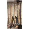 Image 1 : Group of 9 assorted yard tools - axe/ sledge hammer/ rake/ pruners etc.
