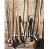 Image 2 : Group of 9 assorted yard tools - axe/ sledge hammer/ rake/ pruners etc.