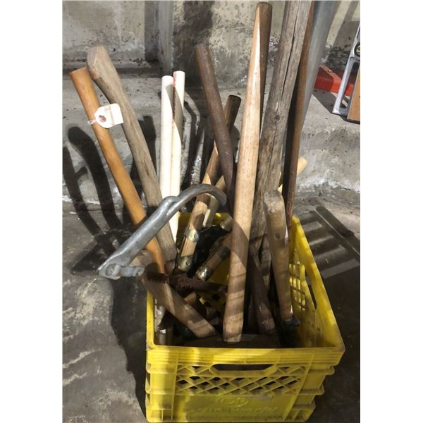 Group of assorted hand tools - sledge hammers/ axes/ saw/ pruners