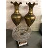 Image 1 : Two brass flower vases & crystal bowl on marble pedestal