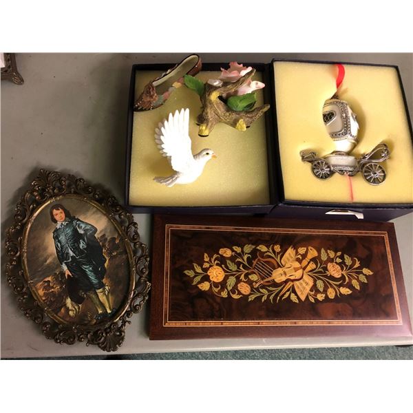 Group of decorative collectibles inlaid floral wood panel framed Blue Boy shoe figure & a carriage