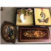 Image 1 : Group of decorative collectibles inlaid floral wood panel framed Blue Boy shoe figure & a carriage