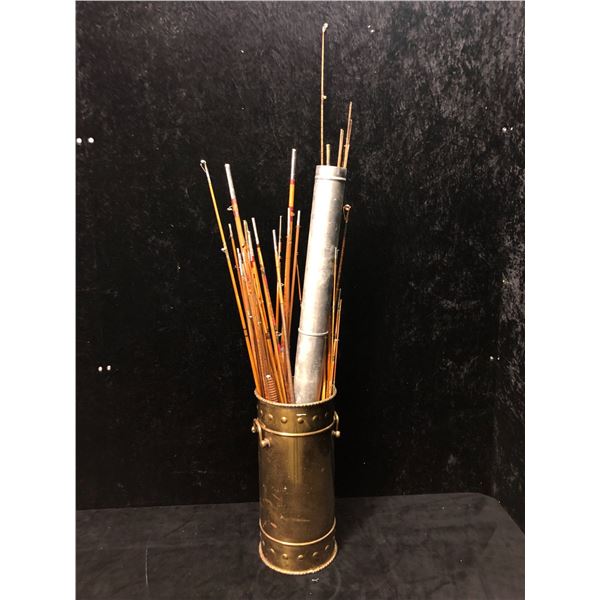 Double handed vintage brass bucket filled w/ assorted antique split cane fishing rods FOR PARTS OR R