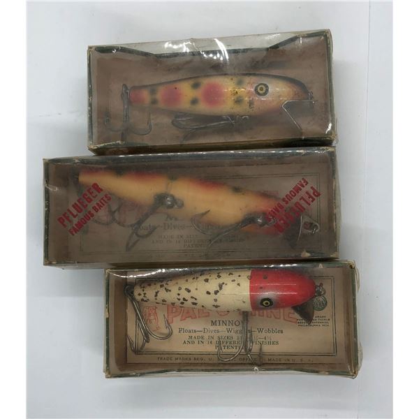 Group of 3 vintage Pflueger Famous Baits wooden fishing lures w/ original boxes