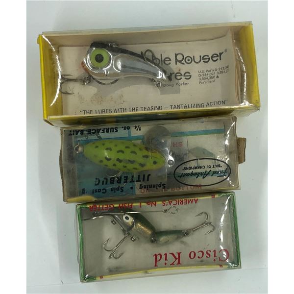 Group of 3 vintage fishing lures - Rabble Rouser/ Cisco Kid/ Gitterbug w/ original boxes