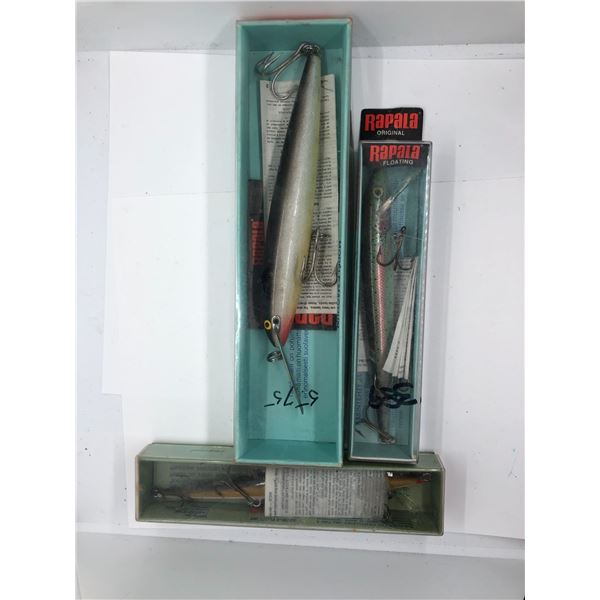 Group of 3 vintage Rapala fishing lures w/ original boxes