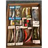 Image 1 : Group of 13 large sized vintage flat fish fishing lures (most in original packaging)