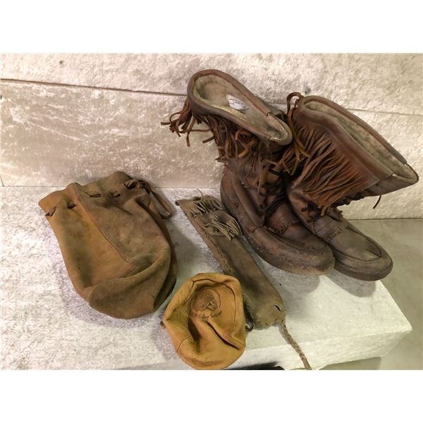 Four vintage leather items - boots/ satchel/ sheath/ reel bag