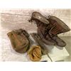 Image 1 : Four vintage leather items - boots/ satchel/ sheath/ reel bag