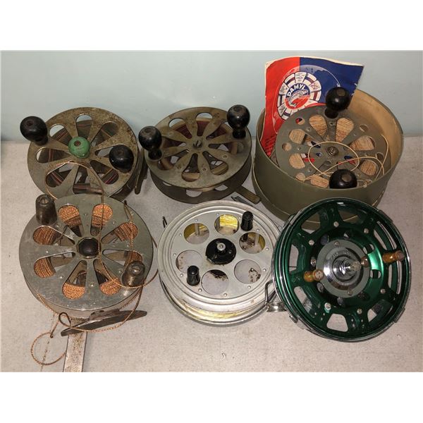 Group of 6 early 1900's center-pin salmon reels