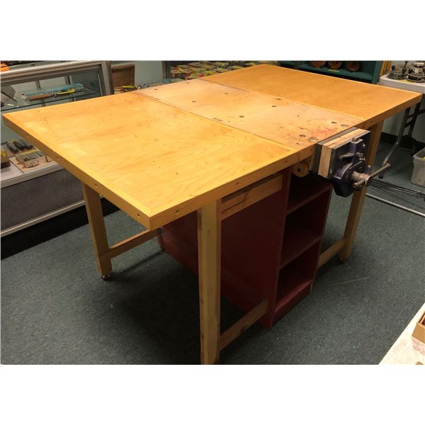 Maple top w/ painted red base work table w/ flip down sides & Woodworkers vice Made in England 58in