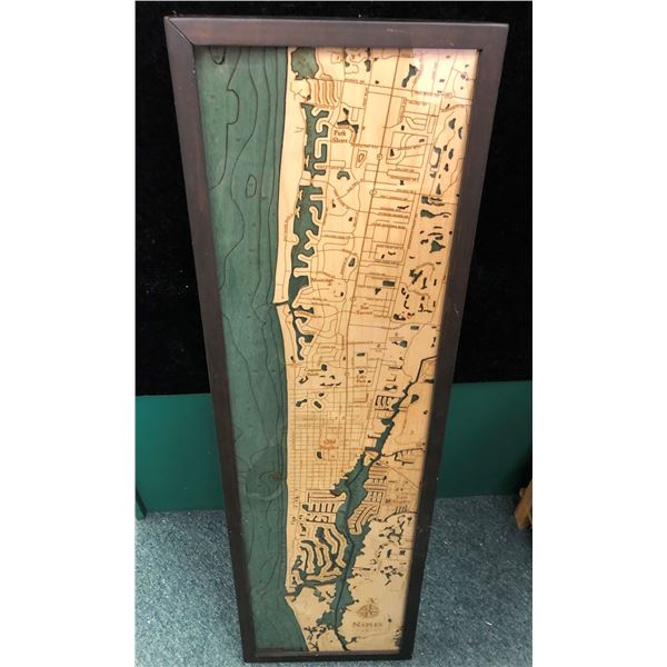 Naples Florida framed 3D wood crafted map under glass 13in x 43in