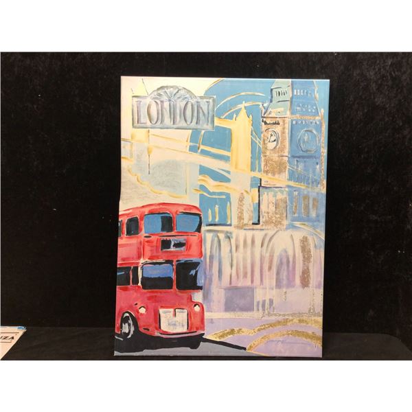 Large oil on canvas transfer print London Big Ben & Double Decker Bus