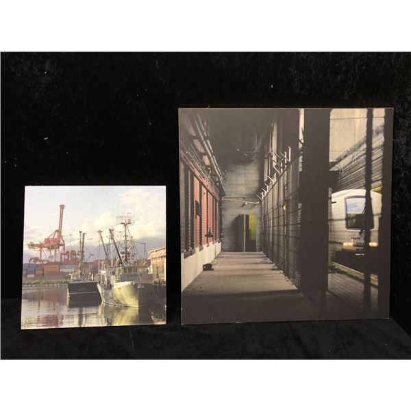 Two decorative wall hanging prints on wood - Subway Station & Harbour Marina (33in x 33 1/2in - 21 1